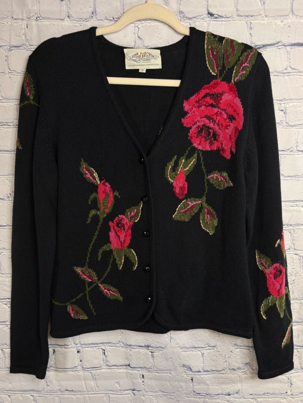 Vintage Susan Bristol 1996 Floral Hand Embroidered Wool Blend Cardigan Sweater S
